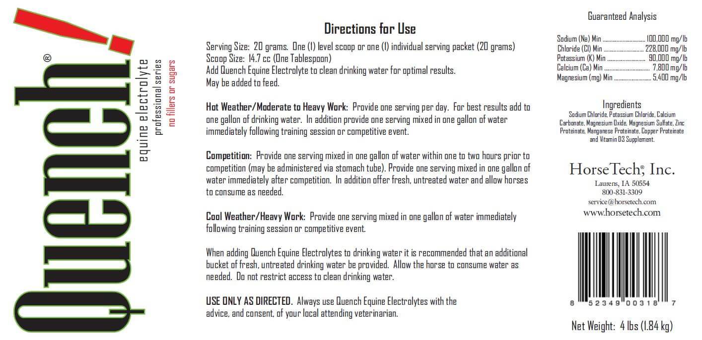 Quench Electrolyte for Horses - Product Label